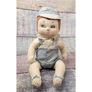 Jointed Handmade Cloth Rag Doll Boy 16" Brown Hair Blue Eyes Bench Lap Sit VTG